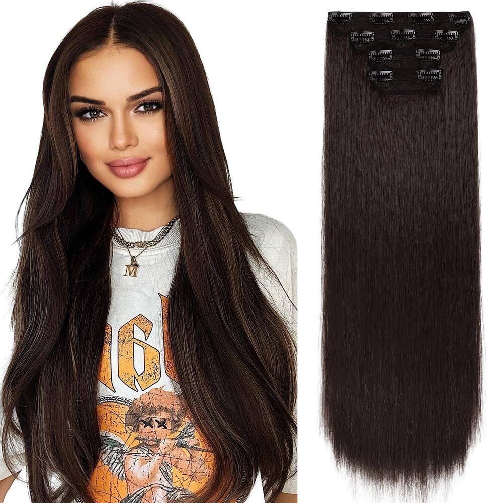 REECHO Clip In Hair Extensions 28 Inch Straight Dark Brown Long